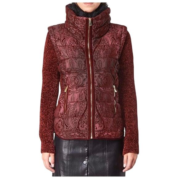Desigual Alexandra Burgundy Burnout Velvet Floral Quilted 2 in 1 Jacket /Vest - Picture 1 of 16